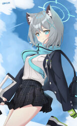 Rule 34 | 1girl, absurdres, animal ear fluff, animal ears, assault rifle, bag, blazer, blue archive, blue eyes, blue scarf, blue sky, blurry, breast pocket, cloud, cloudy sky, collared shirt, commentary request, cross hair ornament, depth of field, gevuxx, grey hair, gun, hair between eyes, hair ornament, halo, highres, holding, holding gun, holding weapon, id card, jacket, long sleeves, looking at viewer, medium hair, mismatched pupils, necktie, plaid, plaid skirt, pleated skirt, pocket, rifle, scarf, school bag, school uniform, shiroko (blue archive), shirt, sidelocks, sig sauer 556, skirt, sky, solo, standing, standing on one leg, two-tone gloves, weapon, white shirt, wolf ears, wolf girl