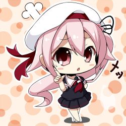 Rule 34 | angry, bare legs, beret, black serafuku, chibi, commentary request, hair between eyes, hair ornament, harusame (kancolle), hat, kantai collection, looking at viewer, peta (taleslove596), pink eyes, pink hair, pointing, red ribbon, ribbon, school uniform, serafuku, side ponytail, simple background, solo