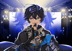Rule 34 | 1boy, arm out of sleeve, axia krone, axia krone (1st costume), black gloves, black hair, black jacket, black nails, black scarf, blue eyes, commentary, concert, elbow gloves, gloves, hand on own chest, highres, holding, holding microphone, jacket, kino (kino cono), long sleeves, male focus, microphone, music, nail polish, nijisanji, scaffolding, scarf, screen, singing, solo, sparkle, stage lights, sweat, symbol-only commentary, upper body, virtual youtuber