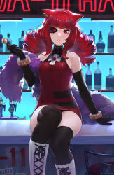 Rule 34 | 1girl, animal ears, bar (place), black gloves, black thighhighs, boots, breasts, cat ears, cross-laced footwear, cyberpunk, dress, drill hair, elbow gloves, gloves, highres, medium breasts, red dress, red eyes, red hair, short dress, sitting, sleeveless, sleeveless dress, solo, stella hoshii, thighhighs, unsomnus, va-11 hall-a, white footwear