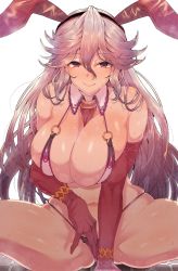 Rule 34 | 1girl, animal ears, areola slip, bare shoulders, bikini, blush, breasts, cleavage, collarbone, commentary, detached collar, granblue fantasy, grey hair, highres, large breasts, long hair, looking at viewer, magisa (granblue fantasy), navel, o-ring, purple eyes, rabbit ears, smile, solo, sweat, swimsuit, thighs, wakura (gcdan)