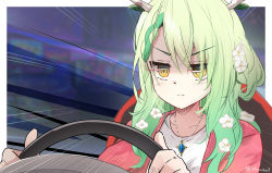 Rule 34 | 1girl, antlers, braid, braided bangs, branch, ceres fauna, collarbone, flower, green hair, hair flower, hair ornament, highres, hololive, hololive english, horns, initial d, jewelry, long hair, meme, multicolored hair, necklace, parody, shuuzo3, single braid, steering wheel, twitter username, virtual youtuber, yellow eyes