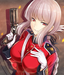 Rule 34 | 1girl, between breasts, black ribbon, blunt bangs, braid, breasts, buttons, eyebrows, fate/grand order, fate (series), florence nightingale (fate), gloves, gun, hair ribbon, hand on own chest, handgun, holding, holding gun, holding weapon, kouzuki tsubasa (musou kaidou), large breasts, long hair, looking at viewer, military, military uniform, multiple-barrel firearm, parted lips, pepper-box, pepper-box revolver, red eyes, revolver, ribbon, sidearm, silver hair, single braid, smile, solo, strap between breasts, teeth, uniform, upper body, weapon, white gloves