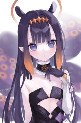 Rule 34 | 1girl, animal ears, bare shoulders, black dress, clothing cutout, dress, extra ears, flat chest, halo, hand up, highres, hololive, hololive english, long hair, mashiro shiki, navel cutout, ninomae ina&#039;nis, ninomae ina&#039;nis (1st costume), pointy ears, purple eyes, purple hair, simple background, solo, tentacles, upper body, very long hair, virtual youtuber, white background