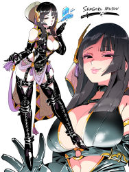 Rule 34 | 1girl, bare shoulders, belt, black gloves, black hair, black thighhighs, blowing, blunt bangs, boots, breasts, cleavage, elbow gloves, eyeshadow, female focus, full body, gloves, half-closed eyes, high heel boots, high heels, highres, kafun, large breasts, lips, lipstick, long hair, looking at viewer, makeup, multiple views, open mouth, pink lips, purple eyeshadow, shiny clothes, simple background, smile, straight hair, thigh boots, thighhighs, white background