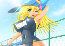 Rule 34 | 1girl, armpits, blonde hair, blush, breasts, covered navel, dark magician girl, duel monster, covered erect nipples, fang, green eyes, huge breasts, impossible clothes, impossible swimsuit, long hair, navel, nipples, one-piece swimsuit, one eye closed, open mouth, puffy nipples, school swimsuit, skin tight, smile, solo, swimsuit, wand, wet, wink, yu-gi-oh!, yuu-gi-ou, yu-gi-oh! duel monsters