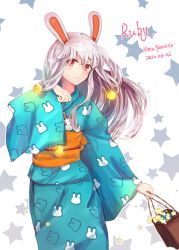 Rule 34 | 1girl, animal ears, artist name, bag, blush, rabbit ears, character name, dated, animal crossing, freckles, highres, himeyamato, japanese clothes, kimono, long hair, nintendo, personification, red eyes, ruby (animal crossing), solo, star (symbol), white background, white hair
