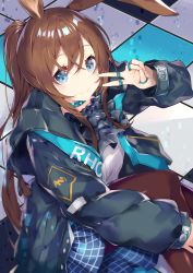 Rule 34 | 1girl, absurdres, amiya (arknights), animal ears, arknights, ascot, black jacket, blue ascot, blue eyes, blue skirt, brown hair, brown pantyhose, commentary, feet out of frame, hair between eyes, highres, jacket, jewelry, kikurage tom., long hair, long sleeves, looking at viewer, miniskirt, open clothes, open jacket, pantyhose, ponytail, rabbit ears, ring, shirt, sidelocks, sitting, skirt, smile, solo, v, white shirt
