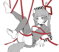Rule 34 | 1girl, animal ear fluff, animal ears, arm support, arm up, barefoot, blunt bangs, blush, bound, breasts, choker, closed mouth, collared shirt, commentary, extra ears, eyelashes, feet, foot up, full body, greyscale, hair ornament, hair ribbon, hairclip, highres, knees together feet apart, large breasts, leg up, leggings, leggings pull, legs, long sleeves, looking at viewer, lying, miniskirt, monochrome, nail polish, on back, original, panties, partially unbuttoned, pleated skirt, red ribbon, ribbon, ribbon bondage, sedai, shirt, short sleeves, skirt, soles, solo, spot color, tail, thighs, toenail polish, toenails, toes, twintails, underwear