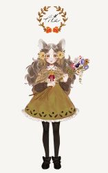 Rule 34 | 1girl, animal ears, bad id, bad pixiv id, black pantyhose, brown eyes, dress, flower, full body, grey hair, long hair, looking at viewer, lunchicken, mouse ears, open mouth, original, pantyhose, simple background, solo, teeth, white background