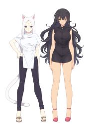 Rule 34 | 2girls, animal ears, black dress, black hair, black vs white, blue eyes, breasts, cat ears, cat tail, closed mouth, curly hair, dress, full body, high heels, highres, large breasts, long hair, looking at another, multiple girls, murata tefu, original, simple background, standing, tail, toes, white background, white hair, yellow eyes