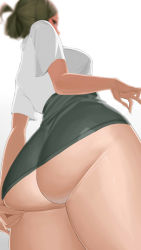 Rule 34 | 1girl, absurdres, apple (ygbhjdbiulsg), ass, ass focus, breasts, butt crack, folded ponytail, from below, green hair, green skirt, highres, idolmaster, idolmaster shiny colors, looking at viewer, looking back, medium breasts, miniskirt, nanakusa hazuki, no panties, shirt, simple background, skirt, solo, white background, white shirt