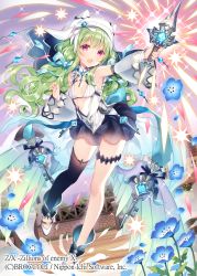 Rule 34 | 1girl, :d, armpits, bare shoulders, black skirt, black thighhighs, blue flower, breasts, detached sleeves, flower, green hair, highres, holding, long hair, looking at viewer, low wings, magic, miniskirt, official art, open mouth, outstretched arm, red eyes, revealing clothes, shoes, single thighhigh, skirt, small breasts, smile, solo, thigh strap, thighhighs, thighs, veil, wasabi (sekai), wide sleeves, wings, z/x