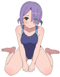 Rule 34 | 1girl, bare arms, bare legs, barefoot, between legs, blue one-piece swimsuit, blush, breasts, cafe stella to shinigami no chou, closed mouth, collarbone, commentary, competition swimsuit, covered navel, eyes visible through hair, full body, green eyes, hair over one eye, hand between legs, highleg, highleg swimsuit, hiuchidani mei, looking at viewer, low twintails, medium breasts, one-piece swimsuit, purple hair, short hair, short twintails, simple background, sitting, smile, solo, split mouth, swimsuit, tan, thighs, twintails, v arms, wariza, white background, zlmh7okwwbmghfo