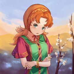 Rule 34 | 1girl, blue eyes, breasts, commentary request, curly hair, dragon quest, dragon quest vii, dress, flower, hat, highres, hood, jewelry, layered dress, long hair, looking at viewer, maribel (dq7), mountain, open mouth, orange hair, ring, sky, solo, tree