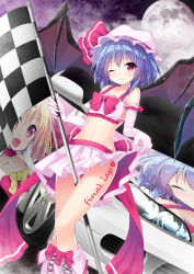 Rule 34 | 2girls, alternate costume, bat wings, breasts, car, character print, checkered flag, clothes lift, dutch angle, elbow gloves, flag, flandre scarlet, full moon, gloves, hair between eyes, hat, itasha, light purple hair, looking at viewer, midriff, miniskirt, mob cap, moon, motor vehicle, multiple girls, navel, nissan, nissan s15 silvia, nissan silvia, nissan silvia s15, one eye closed, pleated skirt, race queen, red eyes, remilia scarlet, short hair, skirt, skirt lift, small breasts, smile, touhou, umbrella, vehicle, white gloves, wings, yaki mayu