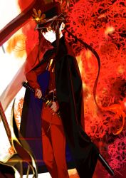 Rule 34 | black cape, cape, fate/grand order, fate (series), gloves, hat, holding, holding sword, holding weapon, katana, looking at viewer, oda nobukatsu (fate), official art, pako (pakosun), pants, ponytail, red background, red eyes, red pants, sword, weapon