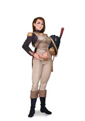 Rule 34 | 1girl, belt, black footwear, blue eyes, boots, breasts, brown hair, cameltoe, cleft of venus, epaulettes, facial scar, full body, fur hat, hat, highres, holding, holding clothes, holding hat, jacket, lips, long hair, long sleeves, medium breasts, midriff, military, military hat, military uniform, multicolored clothes, multicolored jacket, navel, nose, original, pants, panty straps, parted lips, pulled by self, purple jacket, scar, scar on cheek, scar on face, simple background, smokedpaprika, solo, standing, two-tone jacket, uniform, unworn hat, unworn headwear, white background, white belt, white jacket, white pants