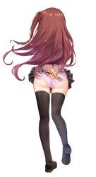 Rule 34 | 1girl, akabane youko, arms behind back, ass, black footwear, black thighhighs, boxcutter, brown hair, cameltoe, clothes lift, ex idol, facing away, from behind, grey skirt, hair ornament, hair scrunchie, highres, holding, loafers, long hair, long sleeves, miniskirt, nijisanji, one side up, own hands together, panties, pink panties, pleated skirt, scrunchie, shoe soles, shoes, simple background, skindentation, skirt, skirt lift, solo, thighhighs, underwear, very long hair, virtual youtuber, walking, white background