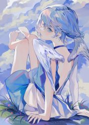 Rule 34 | 1other, angel wings, arm support, artist name, blue eyes, blue hair, cloud, cloudy sky, feet up, highres, looking at viewer, looking back, original, ponn mame, signature, sky, wings