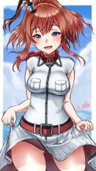 Rule 34 | 1girl, artist name, belt, blue eyes, breast pocket, breasts, brown hair, clothes lift, cowboy shot, dress, dress lift, hair between eyes, impossible clothes, kantai collection, long hair, looking at viewer, medium breasts, neckerchief, nyantiu, pocket, ponytail, red legwear, red neckerchief, saratoga (kancolle), side ponytail, sidelocks, smokestack hair ornament, solo, white dress