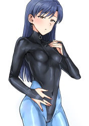 Rule 34 | 1girl, :o, black leotard, blue hair, blue pantyhose, blush, breasts, bridal gauntlets, brown eyes, cowboy shot, earrings, half-closed eyes, hand on own chest, hand on own stomach, highres, idolmaster, idolmaster (classic), jewelry, kisaragi chihaya, latex, latex leotard, leotard, long hair, looking at viewer, nail polish, pantyhose, parted lips, pink nails, simple background, skin tight, small breasts, solo, tsurui, white background, zipper pull tab