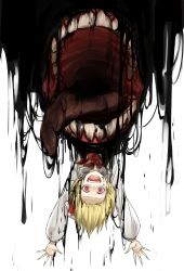 Rule 34 | absurdres, arms up, blonde hair, crazy eyes, creepy, darkness, dripping, fingernails, hair ribbon, highres, horror (theme), kankan33333, open mouth, red eyes, ribbon, rumia, sharp fingernails, solo, tongue, tongue out, touhou, upside-down, wide-eyed