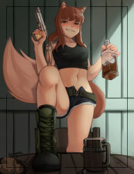 Rule 34 | 1girl, alcohol, animal ears, artist name, black lagoon, blush, boots, bottle, brown hair, commentary, cosplay, denim, denim shorts, english commentary, gun, handgun, highres, holding, holding bottle, holding gun, holding weapon, holo, long hair, looking at viewer, navel, pistol, ponytail, pov, red eyes, revy (black lagoon), revy (black lagoon) (cosplay), seraziel, short shorts, shorts, shoulder tattoo, smirk, solo, spice and wolf, tail, tattoo, weapon, wolf ears, wolf girl, wolf tail