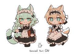 Rule 34 | 2girls, :3, alternate costume, animal ear fluff, animal ears, apron, arknights, black bow, black dress, blonde hair, blush stickers, bow, chibi, closed mouth, commentary, dress, english commentary, english text, enmaided, frilled apron, frills, green eyes, green hair, hair between eyes, harmonie (arknights), highres, holding, holding tray, horn (arknights), long sleeves, maid, maid apron, maid headdress, multiple girls, puffy long sleeves, puffy sleeves, reiya (yukeewoof), simple background, slit pupils, tail, tray, white apron, white background