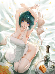 1girl apron armpits arms_up bed_sheet blue_eyes bob_cut bottle bra breasts cake cake_slice cleavage collarbone cup drinking_glass food full_body highres holding holding_bra holding_underwear holding_unworn_clothes huge_breasts kneeling looking_at_viewer megami_no_cafe_terrace naked_apron ono_shiragiku open_mouth panties plate short_hair solo thighhighs thighs underwear unworn_bra unworn_panties white_apron white_bra white_panties white_thighhighs yuzuriha_(atelier_liang)