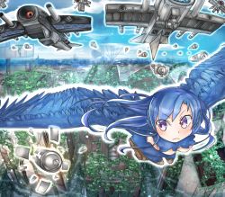 Rule 34 | 1girl, aircraft, blue hair, breasts, flying, harpy, long hair, looking back, missile, monster girl, no nipples, original, outdoors, pippi (artist), wings