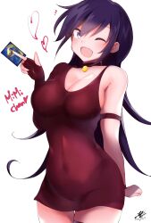 Rule 34 | 1girl, arm strap, breasts, card, character name, chiru (218mg), cleavage, commentary, cowboy shot, dress, duel masters, hair between eyes, hand up, heart, highres, holding, holding card, large breasts, long hair, long sleeves, looking at viewer, one eye closed, open mouth, purple eyes, purple hair, red dress, simple background, single bare shoulder, smile, solo, tasogare mimi, thigh gap, thigh strap, thighs, very long hair, white background