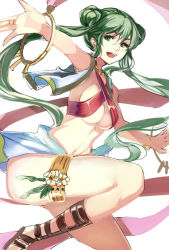 Rule 34 | 1girl, bow, bracelet, breasts, cleavage, fire emblem, fire emblem: genealogy of the holy war, green eyes, green hair, hair bow, jewelry, leg up, long hair, looking at viewer, machi wt, matching hair/eyes, medium breasts, necklace, nintendo, open mouth, ring, sideboob, silvia (fire emblem), solo, underboob
