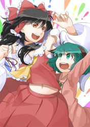 Rule 34 | 2girls, :d, animal ears, arm up, arms up, ascot, bare shoulders, black hair, bow, brown eyes, detached sleeves, dress, eye contact, female focus, green eyes, green hair, hair bow, hair tubes, hakurei reimu, japanese clothes, kasodani kyouko, long hair, looking at another, midriff, miko, multiple girls, navel, open mouth, outstretched arms, red skirt, short hair, skirt, skirt set, smile, touhou, yuuki maya