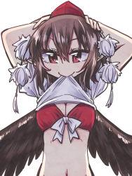 Rule 34 | 1girl, bra, breasts, brown hair, cleavage, clothes lift, clothes pull, hands on own head, hat, hikawa shou, looking at viewer, navel, pointy ears, pom pom (clothes), red eyes, shameimaru aya, shirt lift, shirt pull, simple background, smile, solo, touhou, underwear, white background, wings