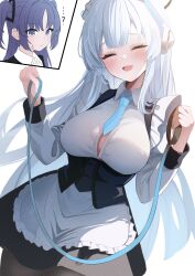 Rule 34 | 2girls, apron, black thighhighs, blue archive, blue necktie, blush, breasts, closed eyes, closed mouth, cowboy shot, frilled apron, frills, grey hair, highres, holding, large breasts, long hair, long sleeves, multiple girls, necktie, noa (blue archive), open mouth, purple hair, thighhighs, touyou (39kir), two side up, waist apron, white apron, yuuka (blue archive)