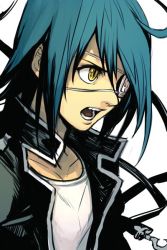 Rule 34 | 1boy, air gear, blue hair, blue jacket, commentary request, eyepatch, from side, hungry clicker, jacket, male focus, medical eyepatch, one eye covered, open clothes, open jacket, shirt, solo, wanijima agito, white background, white shirt, yellow eyes