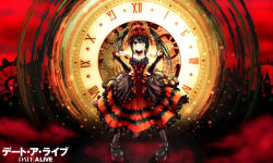 Rule 34 | 10s, 1girl, absurdres, black hair, blush, breasts, cleavage, clock, copyright name, date a live, english text, gears, gothic lolita, hands on own hips, heterochromia, highres, lolita fashion, md5 mismatch, pigeon-toed, red eyes, resolution mismatch, smile, solo, source smaller, tokisaki kurumi, tsubasaki, twintails, yellow eyes