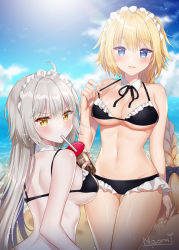 Rule 34 | 2girls, ahoge, artist name, back, bare arms, bare shoulders, beach, bikini, black bikini, blonde hair, blue eyes, blue sky, blurry, bow, braid, breasts, brown eyes, cleavage, cloud, cloudy sky, collarbone, day, depth of field, detached collar, fate/grand order, fate (series), frilled bikini, frills, frown, groin, hair bow, halterneck, headdress, highres, jeanne d&#039;arc alter (swimsuit berserker) (fate), jeanne d&#039;arc (fate), jeanne d&#039;arc (ruler) (fate), jeanne d&#039;arc (swimsuit archer) (fate), jeanne d&#039;arc alter (avenger) (fate), jeanne d&#039;arc alter (fate), large breasts, long hair, looking at viewer, looking back, maid, maid bikini, multiple girls, naomi (fantasia), navel, neck ribbon, ocean, outdoors, parted lips, ribbon, silver hair, single braid, sky, smile, standing, strap pull, swimsuit, thigh gap, thighs, unconventional maid, v-shaped eyebrows, very long hair
