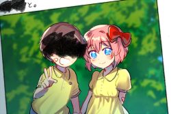 Rule 34 | 1boy, 1girl, :d, aged down, bandaid, bandaid on arm, bandaid on face, blue eyes, bow, brown hair, censored, censored text, child, commentary request, doki doki literature club, dress, hair between eyes, hair bow, identity censor, open mouth, photo (object), pink hair, protagonist (doki doki literature club), puffy short sleeves, puffy sleeves, red bow, sayori (doki doki literature club), shirt, short hair, short sleeves, smile, sora (efr), translated, v, yellow dress, yellow shirt