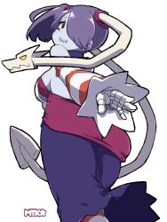 Rule 34 | 1girl, ass, blue skin, blush, colored skin, detached sleeves, dress, hair over one eye, highres, leviathan (skullgirls), mtk hoshi, outstretched hand, purple hair, skeletal arm, skullgirls, smile, solo, squigly (skullgirls), stitched mouth, stitches, striped legwear, striped sleeves