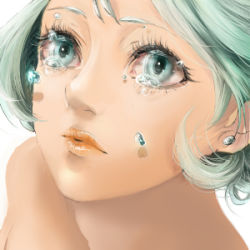 Rule 34 | 1girl, close-up, crystal, earrings, eyelashes, female focus, green eyes, green hair, hebi, jewelry, lips, looking up, lowres, matching hair/eyes, nose, original, portrait, short hair, solo, tears, white background