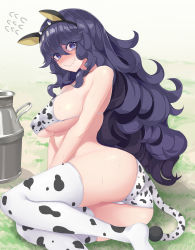 Rule 34 | 1girl, @ @, absurdres, alternate breast size, animal ears, animal print, ass, bare arms, bare shoulders, bikini, blush, breasts, cleavage, cow ears, cow print, cow tail, creatures (company), fake animal ears, fake tail, game freak, hex maniac (pokemon), highres, large breasts, long hair, looking at viewer, nintendo, pokemon, pokemon xy, purple eyes, purple hair, smile, solo, string bikini, swimsuit, tail, thighhighs, tinpam, underboob, wavy mouth, white bikini
