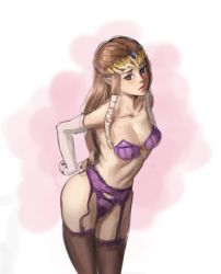 Rule 34 | 1girl, athenawyrm, blue eyes, blush, breasts, brown hair, lingerie, long hair, looking at viewer, nintendo, pointy ears, princess zelda, solo, the legend of zelda, the legend of zelda: twilight princess, thighhighs, underwear
