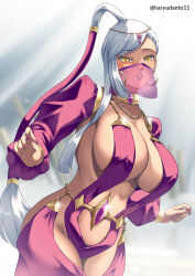Rule 34 | artist name, belly dancing, blurry, blurry background, breasts, circlet, cleavage, code geass, commentary, covered erect nipples, covered navel, cowboy shot, curled fingers, dancer, dark-skinned female, dark skin, earrings, female focus, forehead, gold trim, grey hair, grin, hair ornament, harem outfit, haryudanto, highres, huge breasts, jewelry, long hair, long sleeves, looking at viewer, mouth veil, nail polish, necklace, parted bangs, pink nails, pink sleeves, ponytail, revealing clothes, shadow, smile, solo, sparkle, tan, teeth, twitter username, veil, villetta nu, yellow eyes