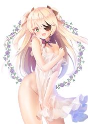 Rule 34 | 1girl, apron, black ribbon, blonde hair, bow, bowtie, breasts, cleavage, commentary request, eyepatch, fischl (genshin impact), flower, genshin impact, green eyes, hair ribbon, long hair, looking at viewer, medium breasts, moi (latte art), naked apron, off shoulder, open mouth, purple bow, purple bowtie, ribbon, simple background, solo, two side up, white apron, white background