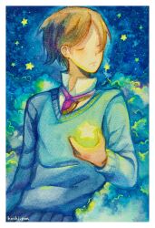 Rule 34 | 1boy, artist name, blue jacket, blue sweater, blue sweater vest, blue vest, border, brown hair, closed eyes, closed mouth, clothes around waist, cloud, collared shirt, commentary, english commentary, frown, high collar, highres, holding, holding star, hoshi-pan, jacket, jacket around waist, light blush, long sleeves, male focus, medium bangs, necktie, night, night sky, original, painting (medium), parted bangs, pink necktie, shirt, short hair, sky, solo, star (sky), star (symbol), starry sky, sweater, sweater vest, traditional media, upper body, v-neck, vest, watercolor (medium), white border, white shirt