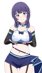 Rule 34 | 1girl, asaka karin, belt, black gloves, blue belt, blue bow, blue eyes, blue hair, blue shorts, blunt bangs, bow, breasts, closed mouth, collarbone, commentary request, detached collar, elbow gloves, gloves, grabbing own breast, haruno riku, head tilt, highres, looking at viewer, love live!, love live! nijigasaki high school idol club, medium breasts, medium hair, midriff, mole, mole on collarbone, navel, shorts, sidelocks, smile, solo, standing, thigh strap, upper body, vivid world (love live!), white background