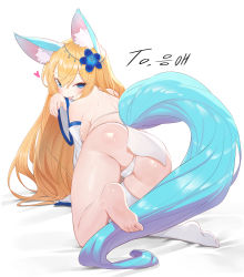Rule 34 | 1girl, absurdres, all fours, animal ear fluff, animal ears, ass, asymmetrical legwear, back, backboob, bad feet, bare shoulders, barefoot, bed, bed sheet, blonde hair, blue eyes, blue flower, blue tail, breasts, butt crack, cameltoe, commission, detached sleeves, feet, fingernails, flower, fox ears, fox girl, fox tail, hair flower, hair ornament, heart, highres, korean text, large breasts, looking at viewer, looking back, nail polish, original, pinion, pink nails, pixiv commission, soles, solo, spoken heart, tail, toes, tongue, tongue out, white legwear