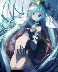 Rule 34 | 1girl, aqua eyes, aqua hair, aqua nails, bare shoulders, black dress, blush, bride, collar, commentary, crown, detached sleeves, dress, dress flower, flower, flower bed, frilled dress, frills, hair flower, hair ornament, hand grab, hatsune miku, highres, jewelry, juliet sleeves, light blush, long hair, long sleeves, looking at viewer, mikuning, nail polish, parted lips, petals, pov, puffy sleeves, reaching, reaching towards viewer, ring, rose, scenery, smile, twintails, veil, very long hair, vocaloid, wedding dress